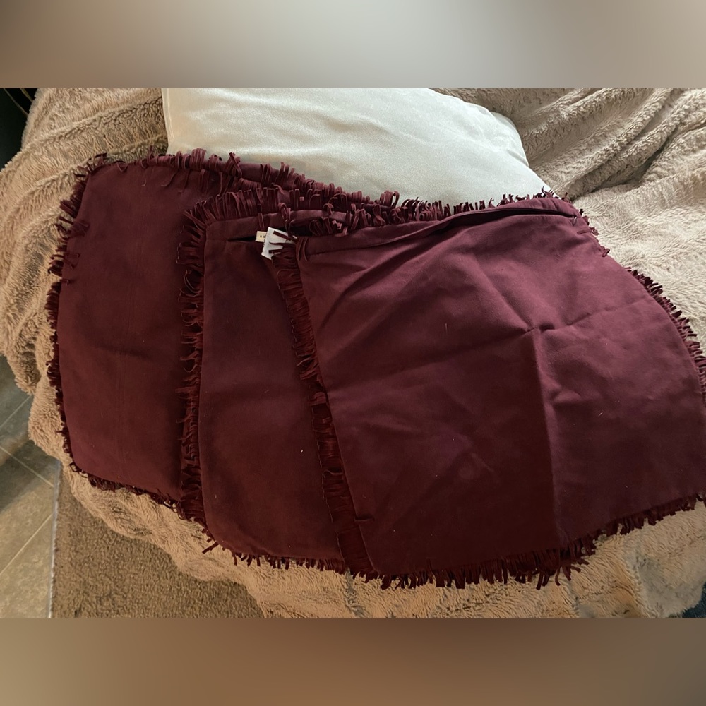 3 burgundy fringed throw pillow covers - microsuede. EUC from pet friendly home.